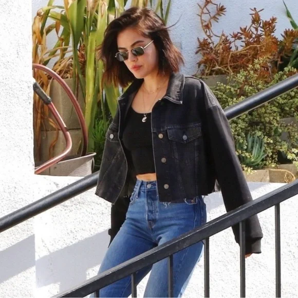 AllSaints Anders Mixed Media Crop Jean Jacket - Picture 2 of 7